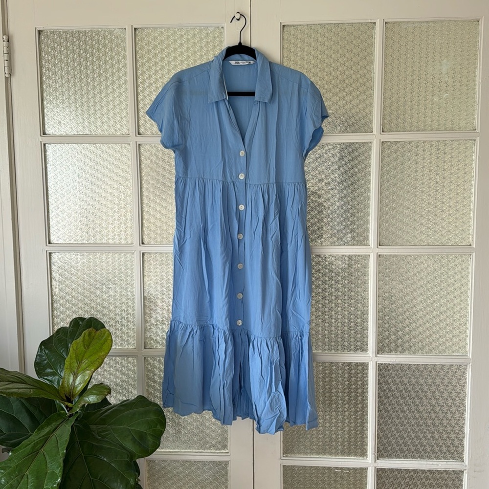 Zara Blue Button up Summer Dress Size Medium